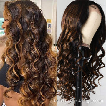 1B/30 Gradient Wavy Lace Forehead Brown Bright Color T Part Lace Real Human Hair Wig, 13X1T Lace Brown Gold Wig, 150% Density